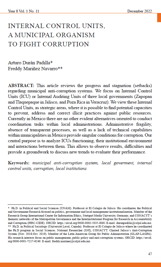 Durán, A. y Mariñez, F. (2022). Internal Control Units, a municipal organism to fight corruption.